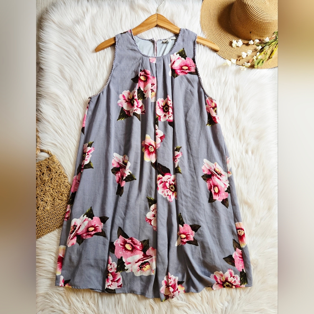 Gray Floral Sleeveless Swing Dress with Pink Flowers